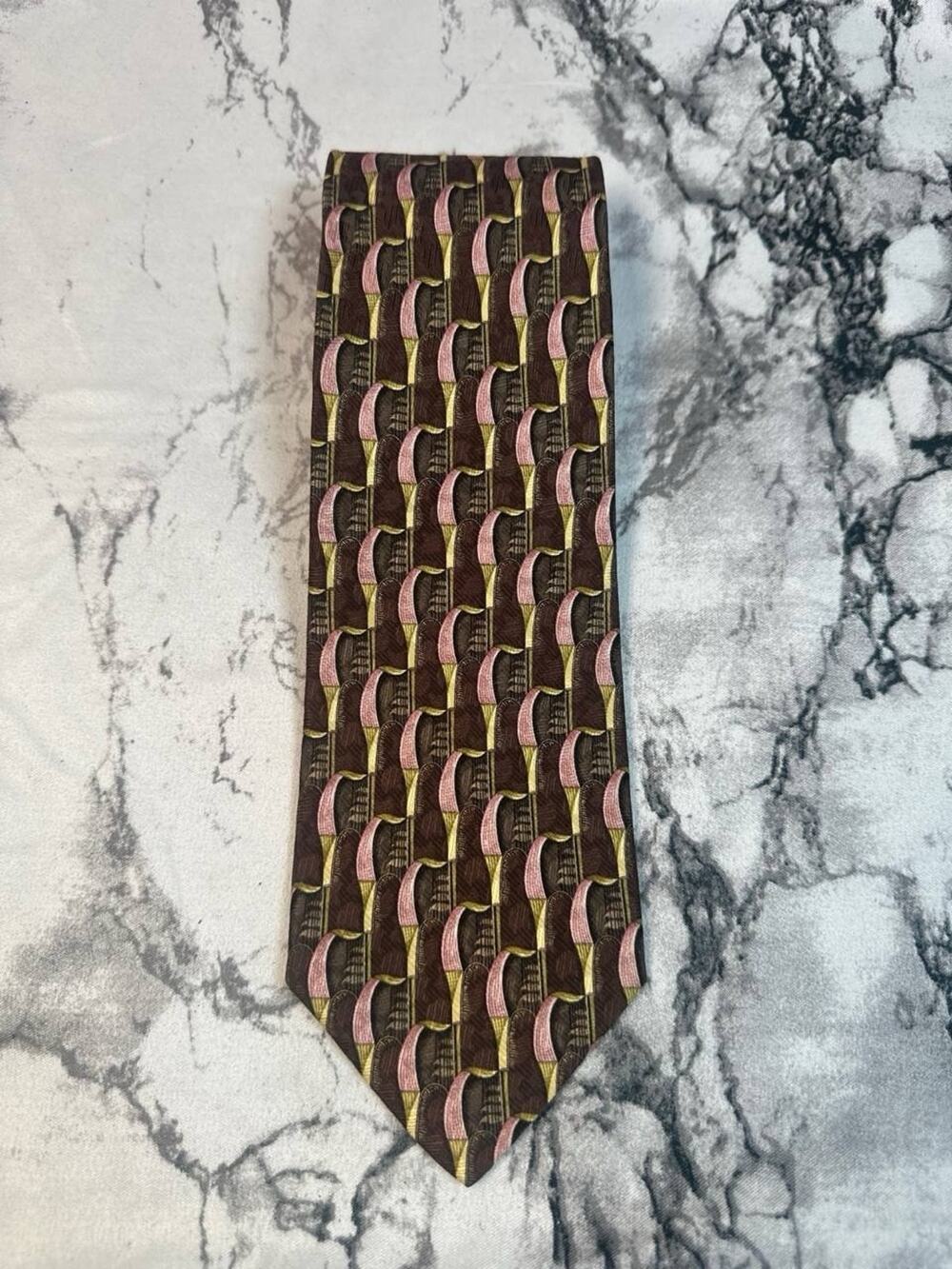 Ermenegildo Zegna Silk Tie Brown Gold Burgundy Geometric Italy